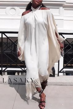 Lasaky - Elegant White Tassel Patchwork Halter Straight Dresses for a Casual Look Long Dress Design, Fitted Maxi Dress, Loose Maxi Dress, White Off Shoulder, Cape Dress, Straight Dress, Strappy Dresses, Loose Outfit, Black Midi