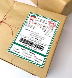 a brown paper bag with a ticket on it and a red string tied around the package