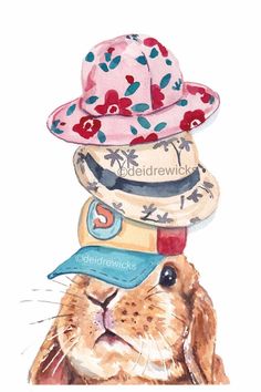 a watercolor drawing of a rabbit wearing a hat with flowers on it's top