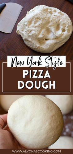 a person holding a piece of pizza dough in their hand and the words new york style pizza dough on it