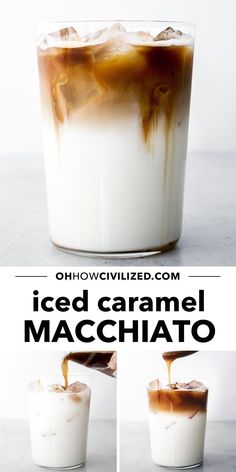 an iced caramel macchiato in a glass with ice and syrup being poured into it