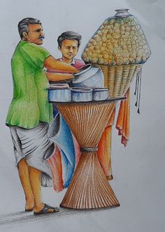 a drawing of a man and woman making corn on the cob at a table