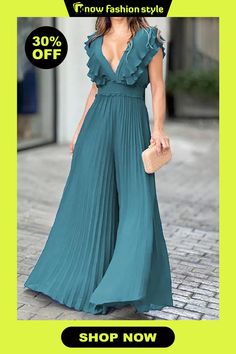 Elegant Solid Flounce Fold V Neck Jumpsuits Elegant Pleated Jumpsuits And Rompers For Summer, Chic Sleeveless Pleated Jumpsuits And Rompers, Summer V-neck Jumpsuits And Rompers For Going Out, Elegant Green Spring Jumpsuits And Rompers, Elegant Solid Color One-piece Jumpsuit, Elegant Solid Color Summer Jumpsuits And Rompers, Chic Pleated Evening Jumpsuits And Rompers, Elegant Solid Color One-piece Jumpsuits And Rompers, Elegant Solid Color One-piece Jumpsuit Or Romper