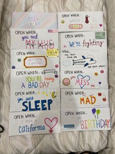 two pieces of paper with words and pictures on them that say happy birthday, open when my child is sleeping