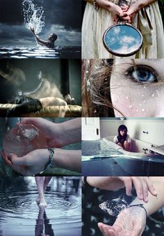 a collage of photos with different people in the water and one person holding a mirror