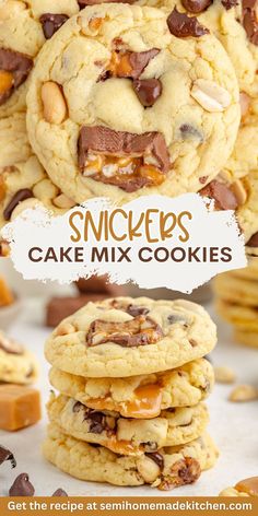 cookies are stacked on top of each other with the words, snickkers cake mix cookies