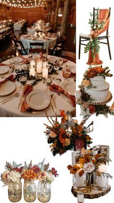 a collage of photos with candles, flowers and plates on the dining room table