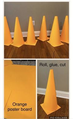 the orange poster board has been placed on the floor to make it look like cones