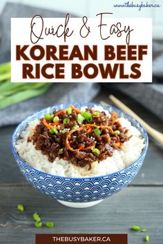 a bowl filled with rice and beef on top of a wooden table