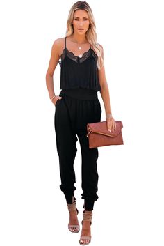 Black Lace Patchwork Spaghetti Strap Slim-fit Jumpsuit Chic Black Jumpsuits With Spaghetti Straps, Chic Black Jumpsuits And Rompers With Spaghetti Straps, Black Spaghetti Straps Jumpsuits And Rompers, Black Jumpsuits And Rompers With Spaghetti Straps For Spring, Black Spaghetti Strap Jumpsuits And Rompers For Spring, Henley Shirt Women, Romper Long Pants, Spaghetti Strap Rompers, Tank Jumpsuit