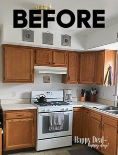 a kitchen with white appliances and wooden cabinets, before and after the remodel