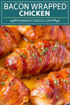 bacon wrapped chicken on a plate with sauce and parsley in the background text reads, how to make bacon wrapped chicken