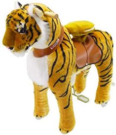 a stuffed tiger with a saddle on it's back, standing in front of a white background