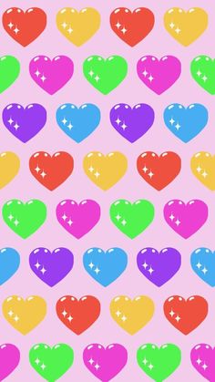 many hearts are arranged in different colors on a pink background with white stars and crosses