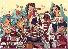 some cartoon characters are gathered around a table full of food