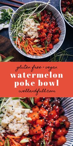 two bowls filled with different types of food on top of a wooden table and the words watermelon poke bowl