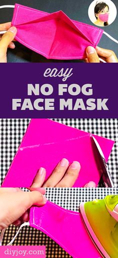 the instructions for how to make an easy no - fog face mask with pink paper