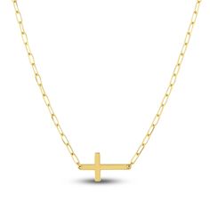 A bold statement of faith, a meaningful sideways cross hangs in the center of this exquisite women's cross necklace. Fashioned in lustrous 14K yellow gold, the 18-inch paperclip chain secures in place with a spring ring clasp. Statement Of Faith, Jewelry Cross, Paperclip Necklace, Jared The Galleria Of Jewelry, Gold Cross Necklace, Necklace Clasps, Loose Stones, Cross Jewelry, Gold Cross