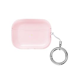 an empty pink case with a ring on the side and a keychain attached to it