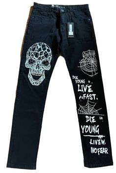 Waimea Skinny Graffiti Paint Spider Web Skull Jet Black  Men Jeans New 32 Paint Spider Web, Pant Art, Jeans Painting, Painted Pants, Denim Paint, Graffiti Painting, Painted Denim, Diy Clothing, Sports Apparel