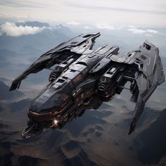 an image of a sci - fi spaceship flying in the sky over mountains and land