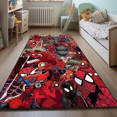 a bedroom with a spiderman rug on the floor