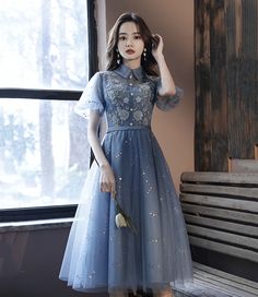 Cute blue short A line prom dress party dress · Little Cute · Online Store Powered by Storenvy Gaun Tulle, Short A Line Dress, High Neck Prom Dress, Maxi Dress Summer, Tulle Homecoming Dress, 파티 드레스, Short A, Graduation Dresses, Blue Tulle