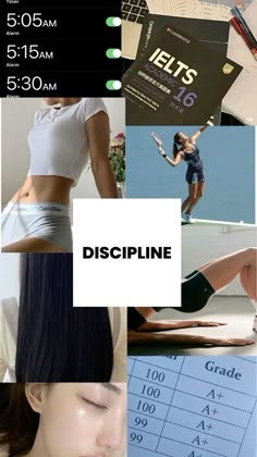 a collage of photos with the words discipline on them and images of women doing different things