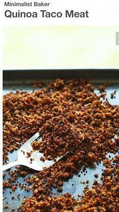 a spoon full of taco meat sitting on top of a baking sheet with the words, minimalist baker quinoa taco meat