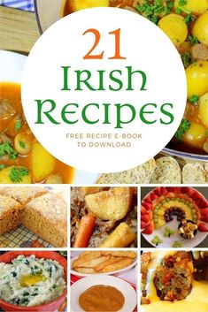 the cover of 21 irish recipes with pictures of different foods and vegetables in it, including bread