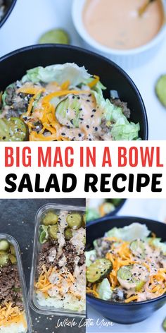 this big mac in a bowl is loaded with cheese, pickles and other toppings