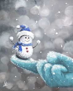 a painting of a hand holding a snowman