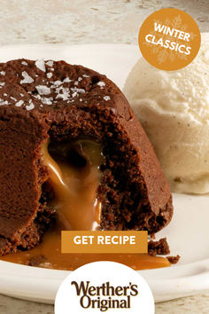 a white plate topped with a chocolate cake and ice cream