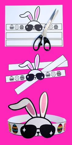 an easter bunny cut out with scissors and tape on pink paper, in front of a pair of sunglasses