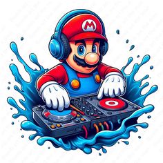 an image of mario dj playing music on his turntable with headphones and water splashing around him