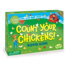 the board game coin your chickens is on display in front of a white background with an image of a farm scene