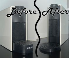 before and after photos of coffee machines on a counter top with the words kerups over them