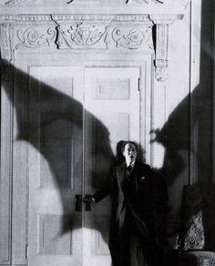 a man standing in front of a door with his shadow on the wall behind him