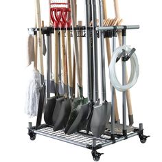 a rack with shovels and other tools on it