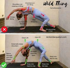 a woman doing yoga poses with the words wild thing above her head and bottom half