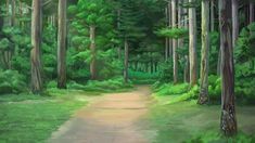 a painting of a dirt road in the middle of a forest filled with tall trees