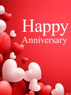 red and white hearts are flying in the air on a red background with happy anniversary message