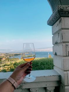 a hand holding a wine glass on top of a balcony