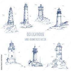 the lighthouses are drawn in blue ink and have different shapes, sizes and colors