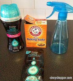 the ingredients to make baking soda are on the counter top, including detergent and soap