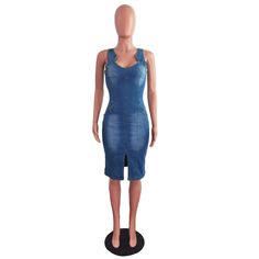 Fashion Casual Office Lady Clothing Women's Summer Sleeveless Slim Fitting Denim Midi Dress Chic Sleeveless Denim Mini Dress, Chic Sleeveless Dark Wash Mini Dress, Stretch Sleeveless Medium Wash Denim Top, Sleeveless Stretch Denim Blue Dress, Stretch Sleeveless Denim Blue Dress, Denim Blue Stretch Sleeveless Dress, Stretch Denim Blue Sleeveless Dress, Sleeveless Stretch Denim Dress, Sleeveless Stretch Denim Dress In Medium Wash