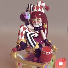 an animated doll sitting on top of a wooden box with other items around her,