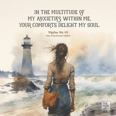 a woman walking on the beach with a lighthouse in the background and a bible verse