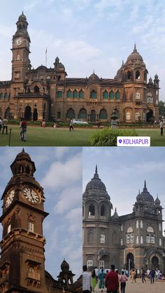 two pictures of people walking in front of an old building with a clock on it