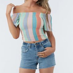 New With Tags Retails $45 Color- Multicolored Striped Pattern Stretch Can Wear Off The Shoulder Logo On Back Cropped Length Message Me For Measurements Bundle More Items And Save Feel Free To Send Offers! 6.27.4 24 D Casual Pink Crop Top For Beach Season, Casual Fitted Tops For Beach Season, Trendy Multicolor Tops For Beach Season, Casual Pink Crop Top For Day Out, Multicolor Crop Top For Spring, Trendy Striped Tops For Beach Season, Trendy Pastel Tops For Summer, Casual Crop Top For Beach Season, Multicolor Short Sleeve Crop Top For Beach